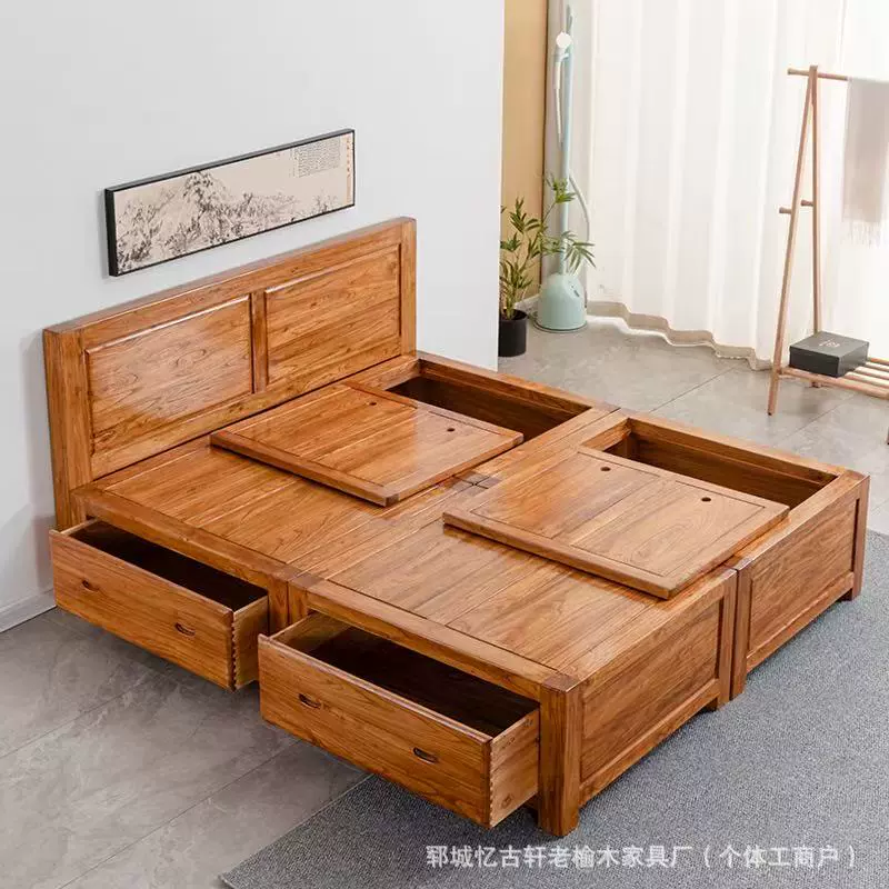 中式老榆木卧室双人床实木榻榻米榫卯结构高箱储物床民宿实木床