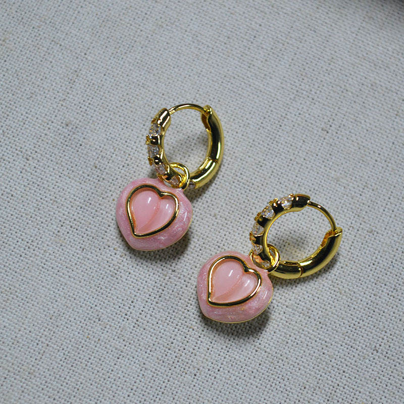 Japanese and Korean Niche Design Sweet and Cute Pink Peach Heart Handmade Enamel Zirconia Sparkling Diamond Earrings for Women