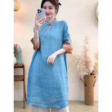 女装春夏新款新中式棉麻盘扣斜襟连衣裙重工刺绣立领薄宽松复古裙