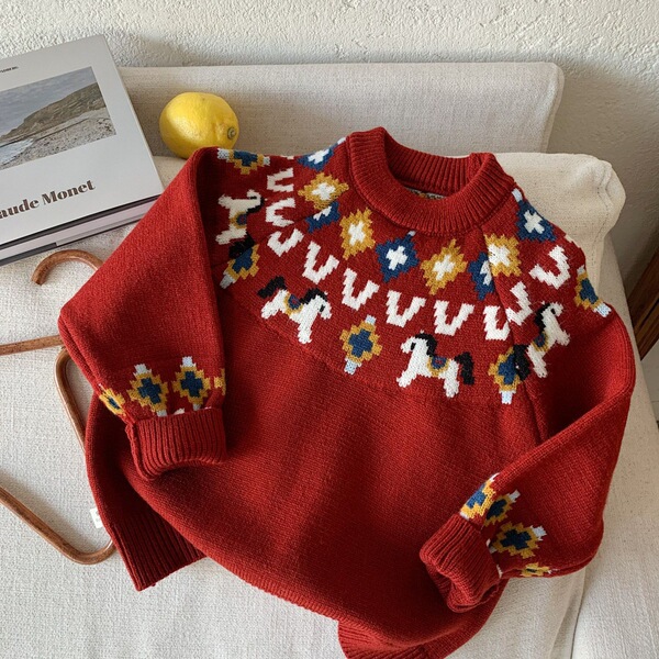 Children's festive cartoon knitted red sweater for men and women