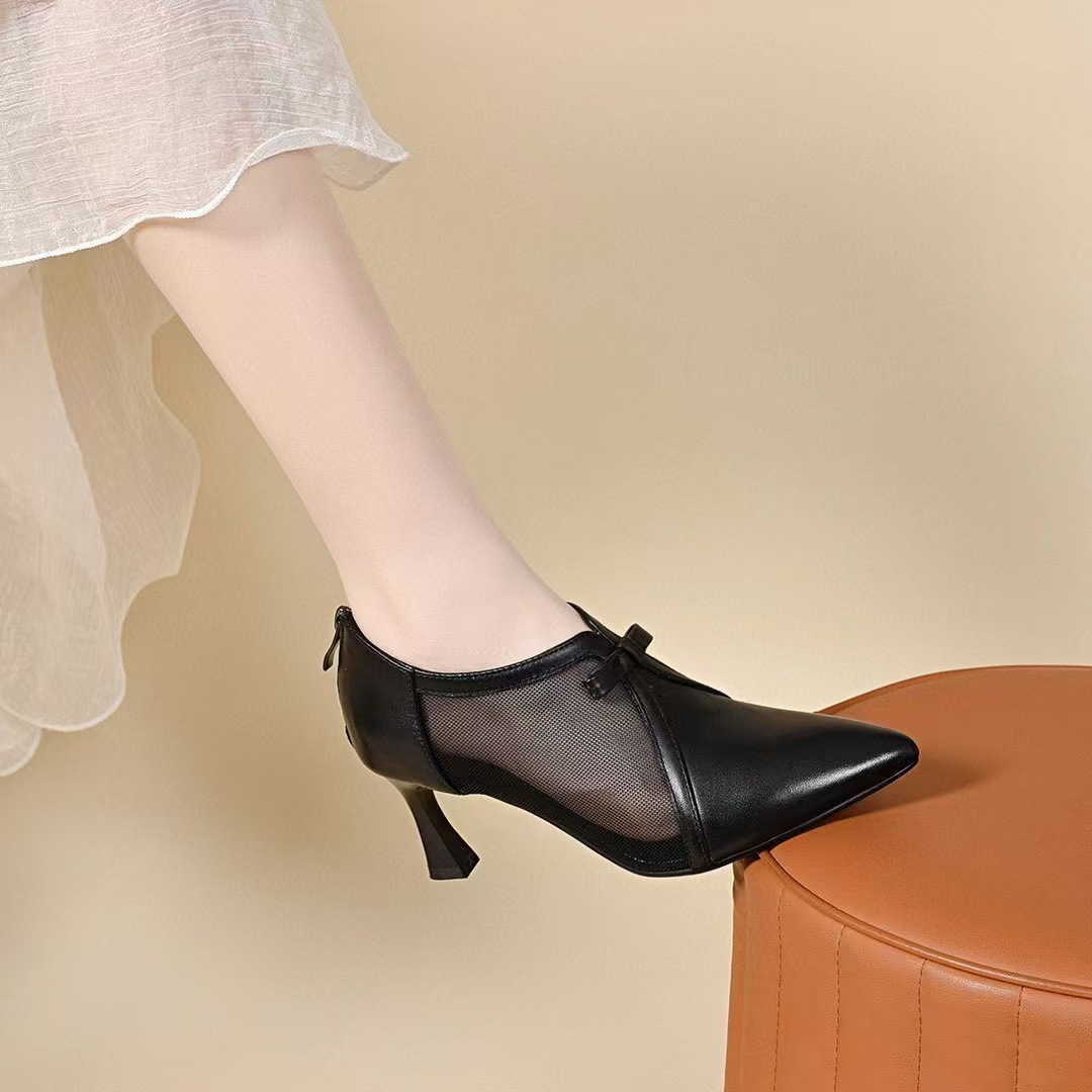 Giày cao gót nữ mũi nhọn lưới da thật gót vừa thoáng khí — đen