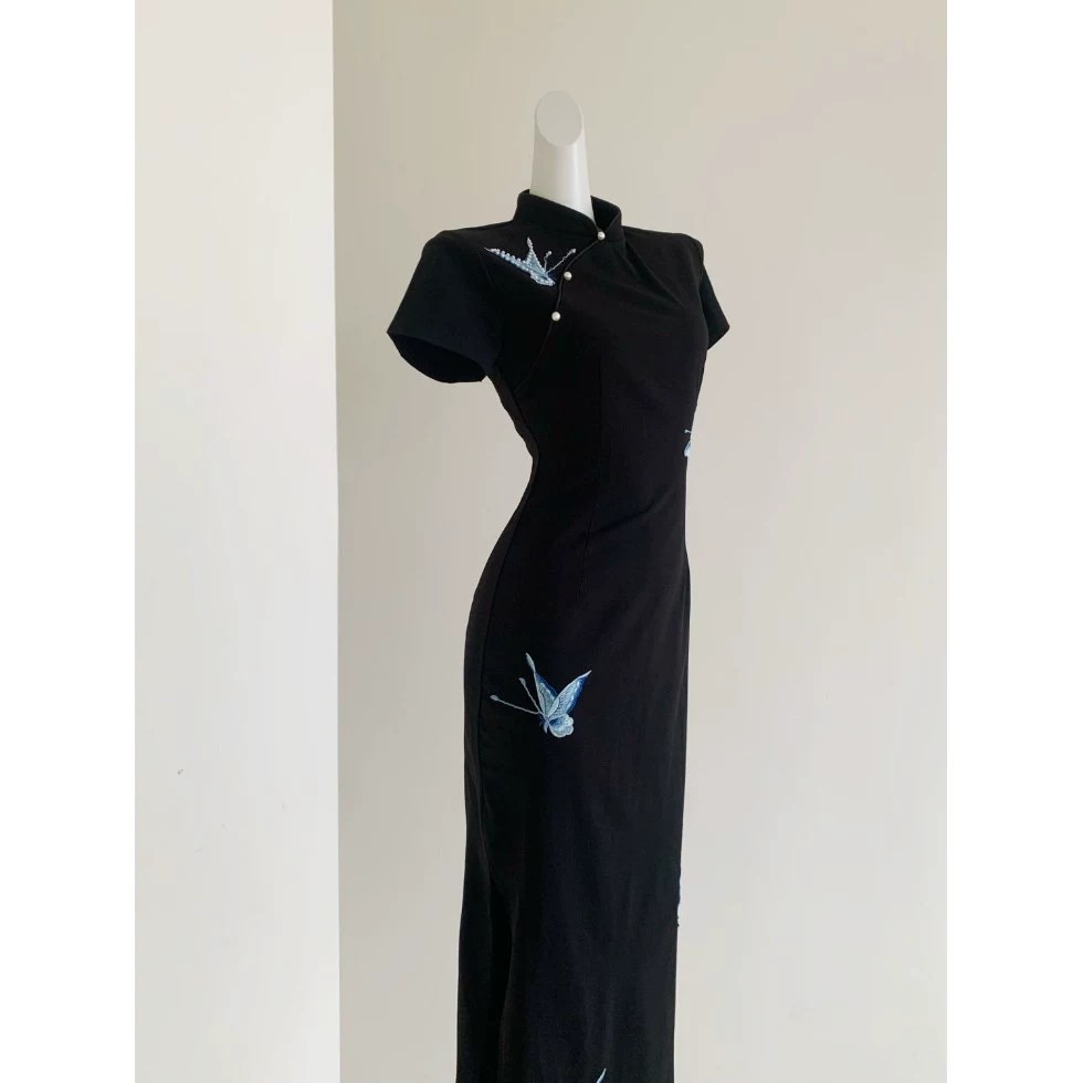 [Butterfly Yu 4.0] Новый китайский улучшенный чонсам национальный стиль вышивка бабочки тонкое темперамент черное платье