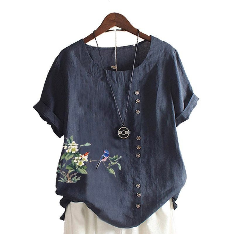 綿麻半袖Tシャツ夏ゆったり大きいサイズ婦人服レトロスタイルプリントボタンシャツシャツトップTシャツ|undefined