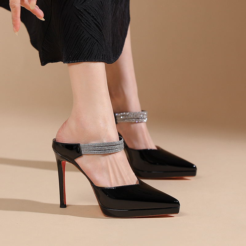 Sandal cao gót nữ mũi nhọn đính đá, quai một dây, gót 10 cm — Đen-10cm