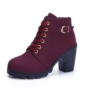 Autumn High-Heeled Single Boots with Belt Buckle for Women, Chunky Heel Ankle Boots, Round-Toe Martin Boots, Lace-Up and Slip-On Riding Boots Wholesale