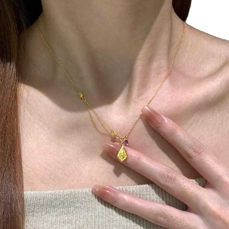 新中式金色菱形水滴吊坠项链高级感轻奢小众精致千金感女款锁骨链|undefined