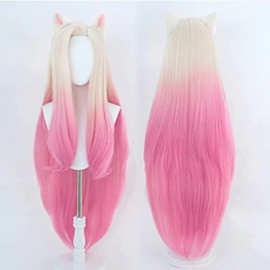 英雄联盟LOL KDA 阿狸 黄色渐变粉色长发 新皮肤 女团cos假发wigs