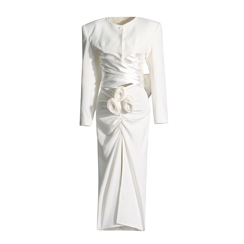 Women's Clothing Fashionable Elegant Solid Color Tie-Neck Top With High-Waist Slit Skirt Set - Chic Women's Outfit For Casual & Evening Wear​​_ecoleips.com