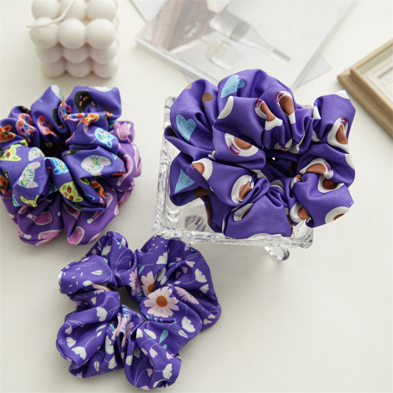 Changchun flower blue printing series large intestine hair band headgear cross-border elastic headrope satin hair band hair accessories_voghion.com
