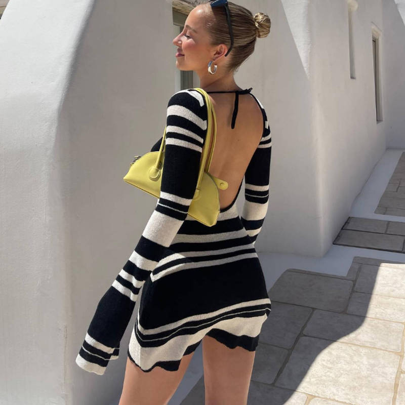 European and American Women's Autumn New Elegant Trumpet Sleeve Backless Color-matching Striped Knitted Slim-fit Slimming High Waist Dress European and American Women's Autumn New Elegant Trumpet Sleeve Backless Color-matching Striped Knitted Slim-fit Slimming High Waist Dress