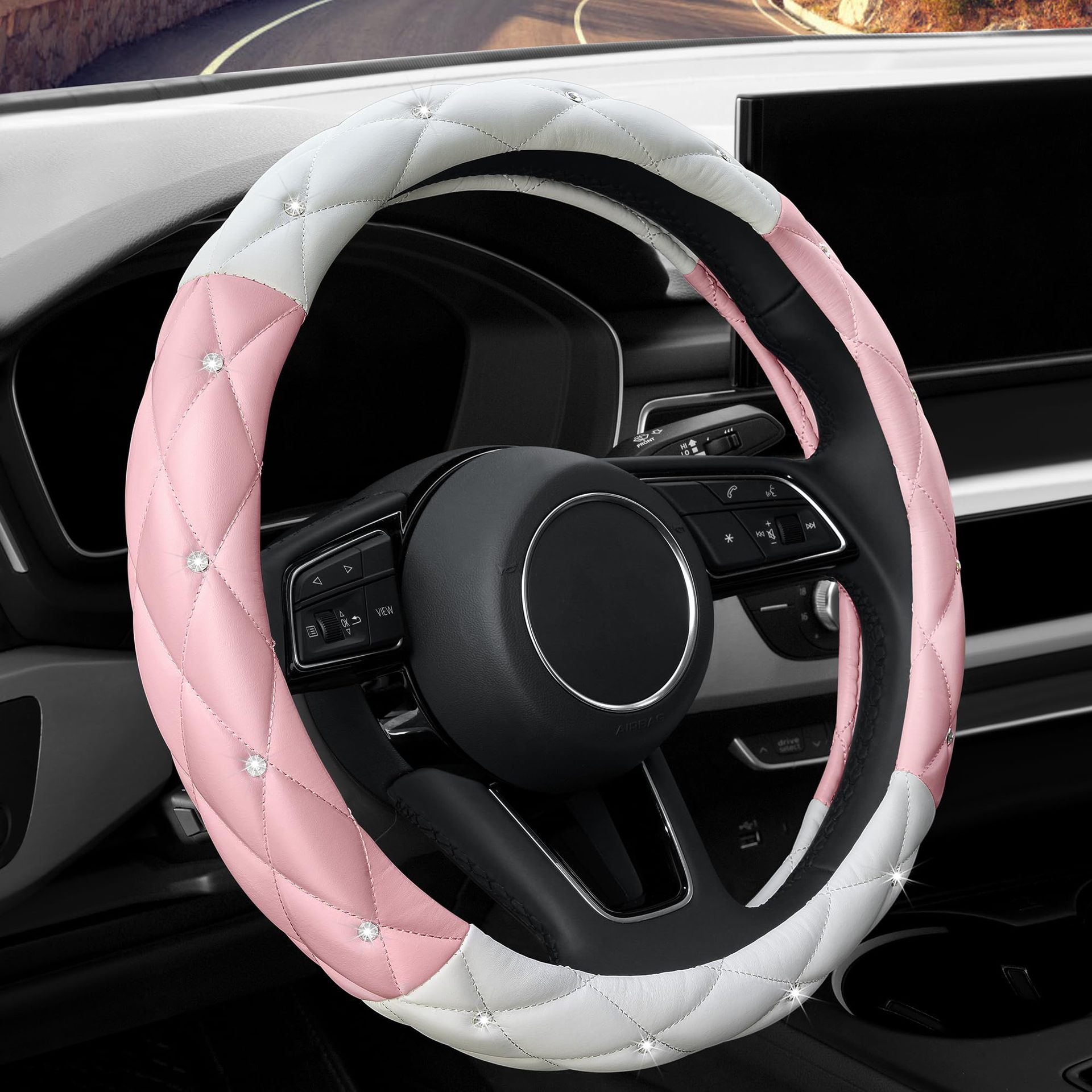 Factory Direct Sales Amazon Car Diamond-Studded Steering Wheel Cover, Universal for All Seasons, Soft Leather Anti-Slip Rhinestone Handle Cover