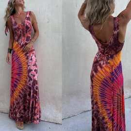 跨境外贸独立站2025新款欧美夏季印花定位无袖后背绑带长裙连衣裙