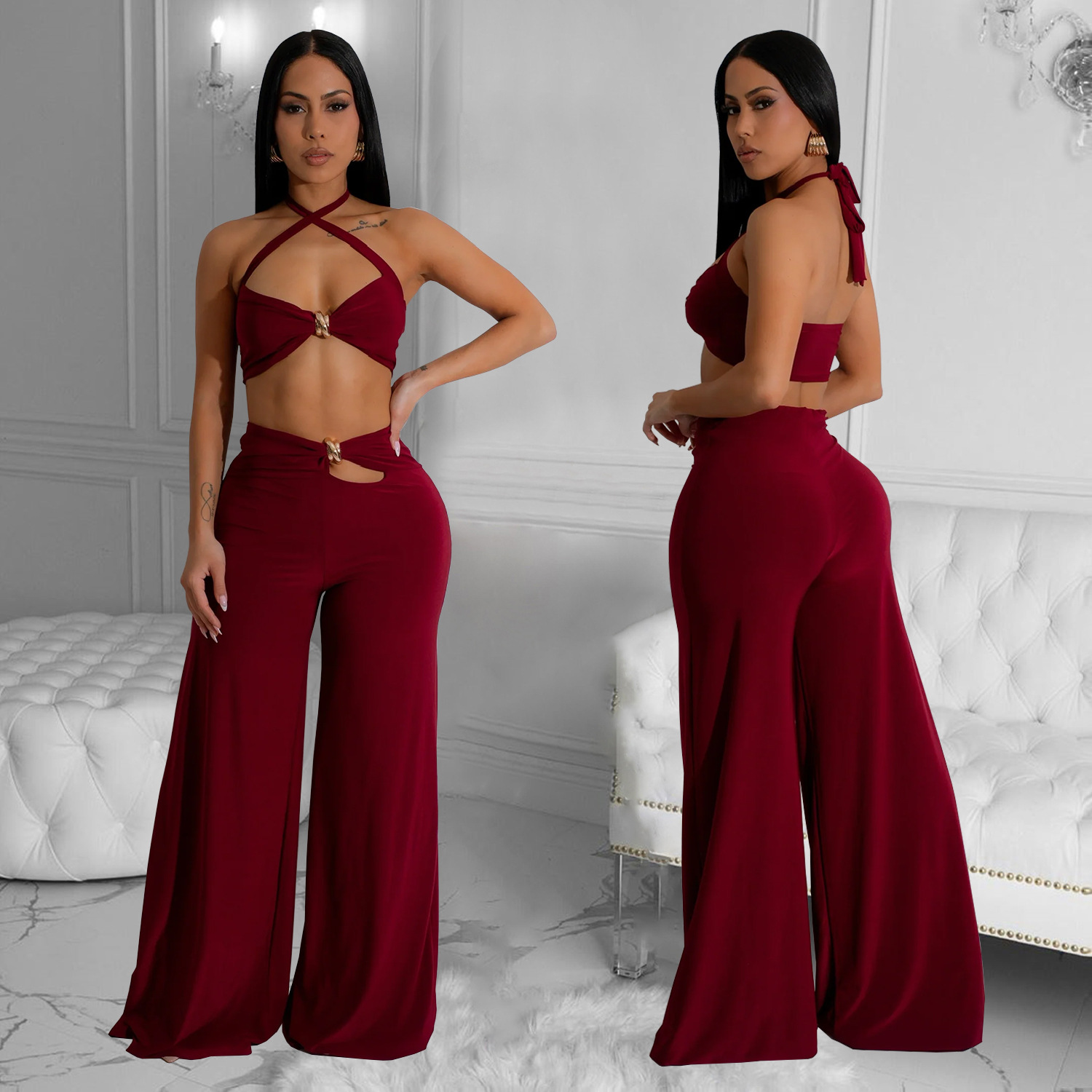 C7236 Aliexpress transfronterizo Amazon Europa y América ropa de moda de mujer de color sólido sexy pantalones de pecho de dos piezas nuevos
