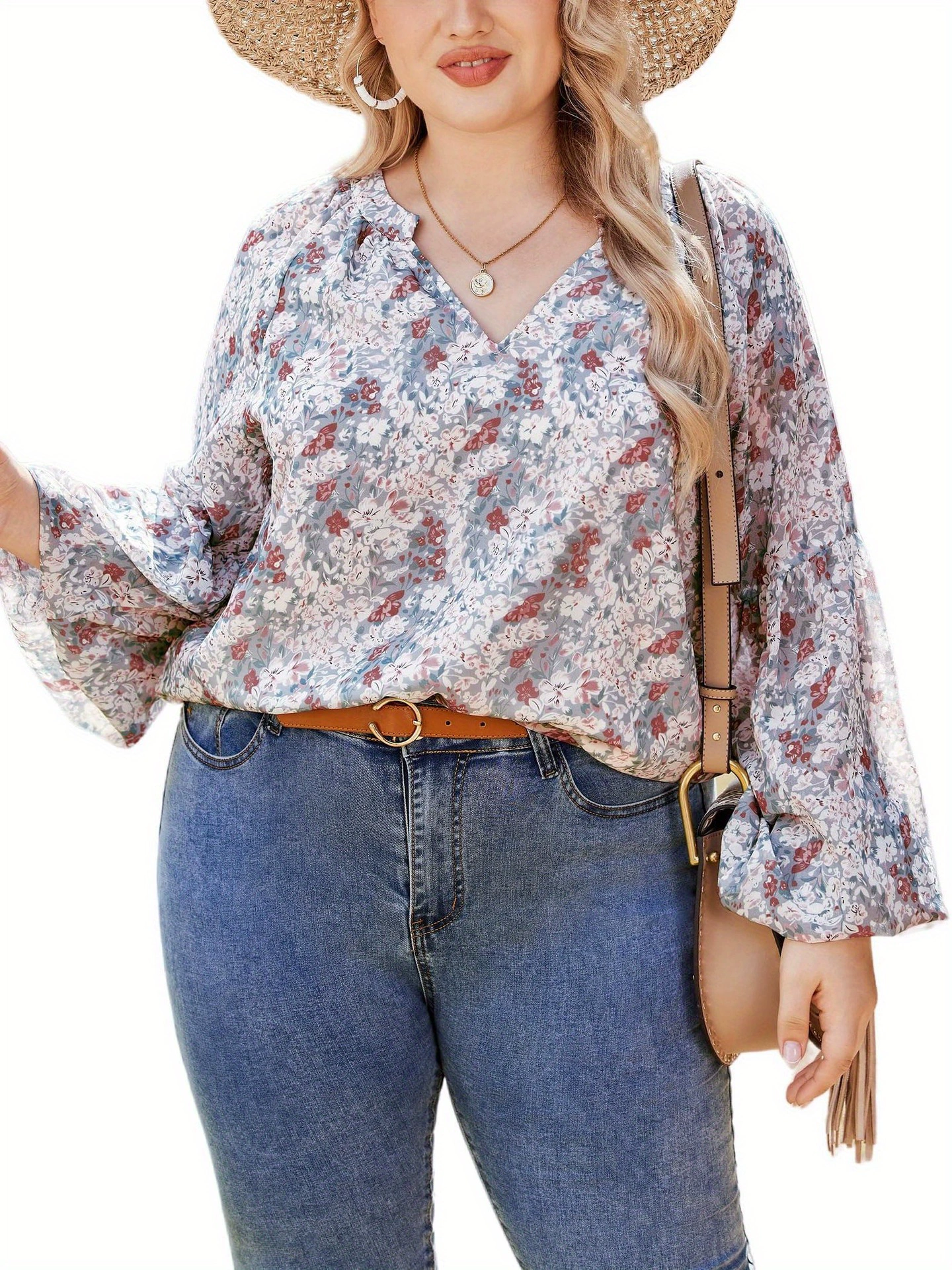Женская блузка большого размера Boho с флористическим узором и V-образным вырезом, элегантная длинная, кросс-борт