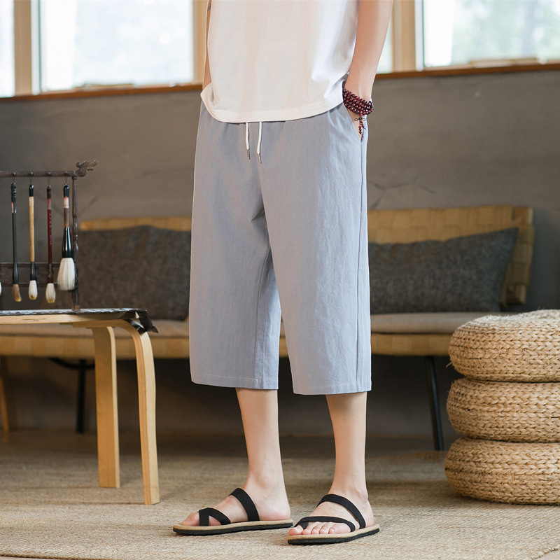 Capri Pants Men's Summer Thin Large Size Casual Pants Chinese Style Loose Harem Pants Solid Color Cotton and Linen Capri Pants for Men