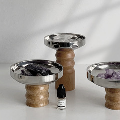 Nordic ins style stainless steel round solid wood base tray living room entrance aromatherapy table desktop storage tray storage tray