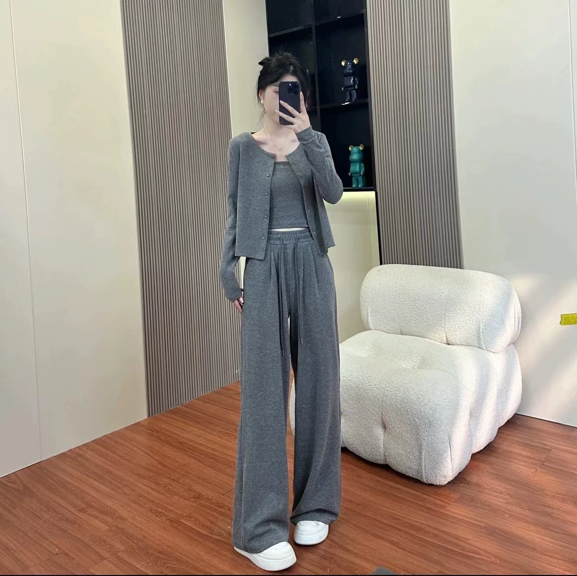 Autumn Thin Cardigan Knit 3-Piece Set — Cardigan, Tank, Wide-Leg Trousers, Loose Fit