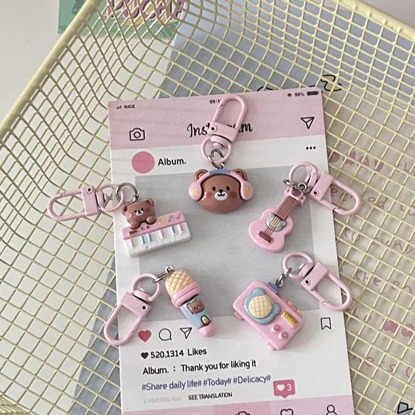 Cute Pink Music Bear Keychain Cartoon Student Fun Bag Pendant Couple Best Friend Gift Accessories