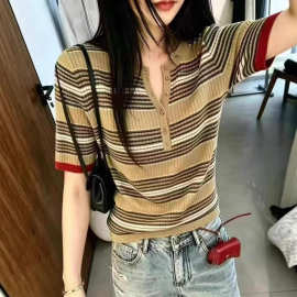 经典复古条纹洋气显瘦百搭天丝短袖女2026春夏针织开衫T恤上衣