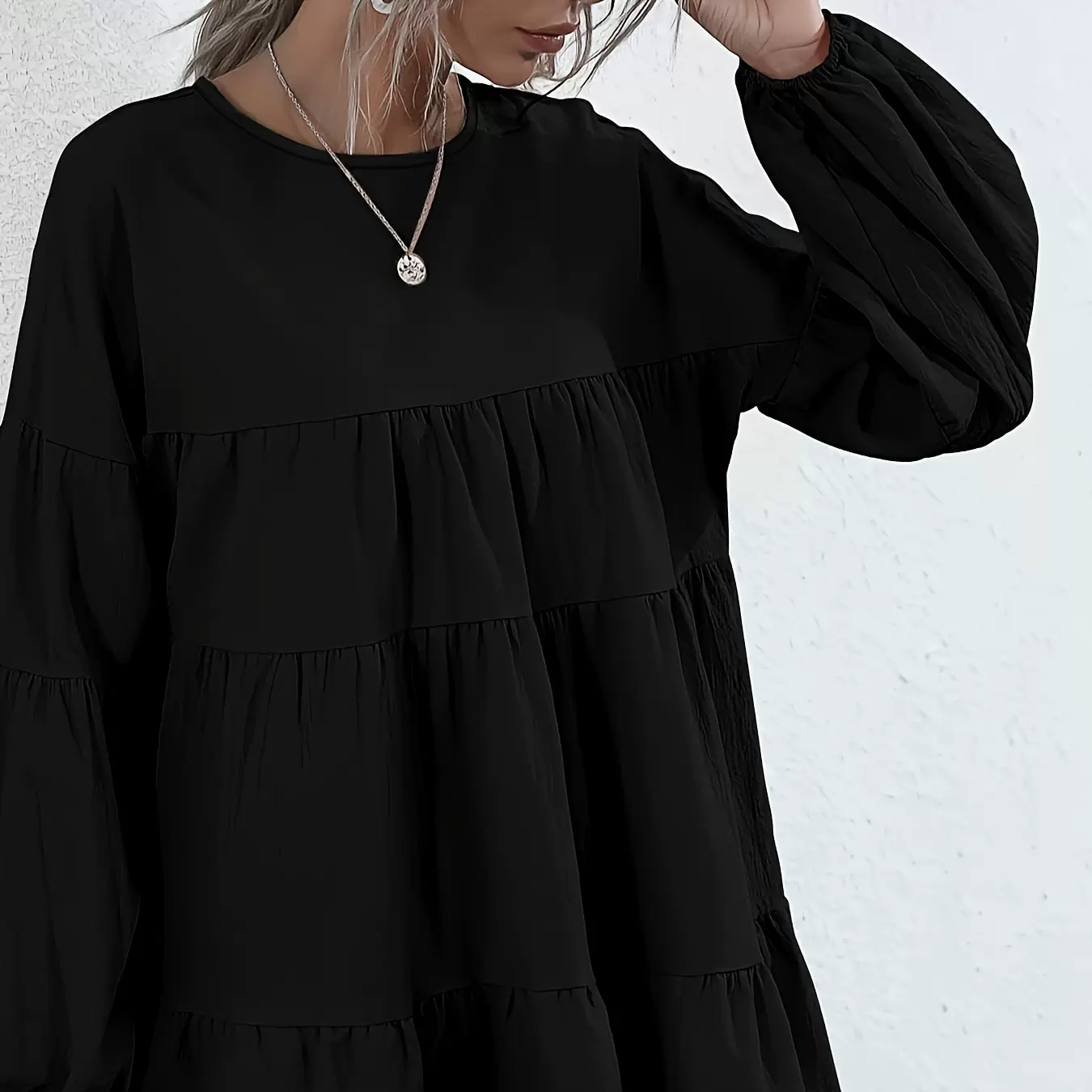 外贸大码上衣女装黑色泡泡袖宽松长袖打底T恤 欧美风休闲中长款