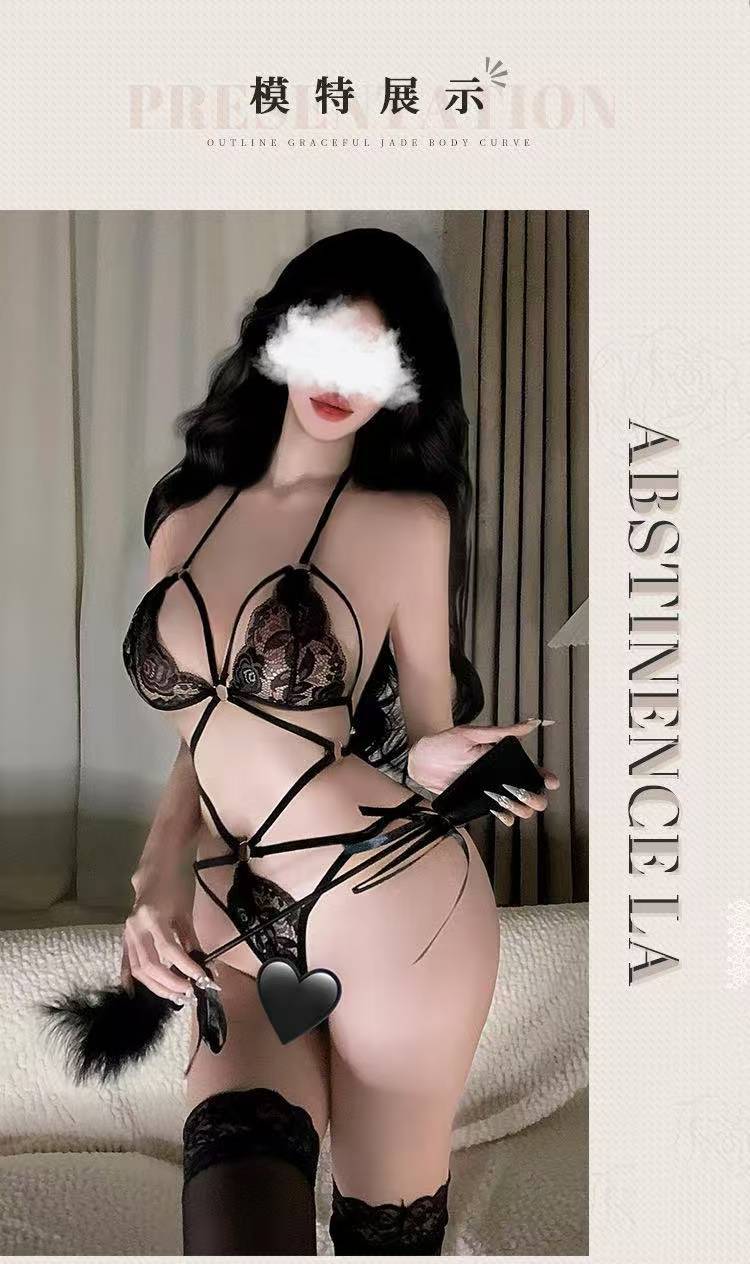 Lace Three-Point Bra Lingerie Set with Black Stockings, Polyester, One Size — detail image 3
