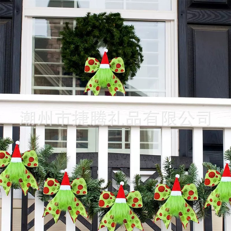 跨境新品欧美圣诞蝴蝶结装饰红绿波点绿毛怪圣诞帽圣诞树装饰挂件