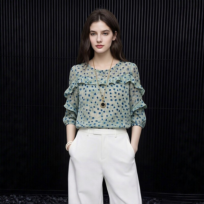 2025 Summer New Polka Dot Print Shirt for Women, Round Neck, Ruffled Edge, Loose Fit, Slimming, Fresh Style Top 2025 Summer New Polka Dot Print Shirt for Women, Round Neck, Ruffled Edge, Loose Fit, Slimming, Fresh Style Top