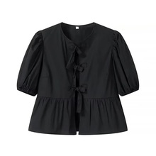 2024夏季新款欧美风女装外贸全棉蝴蝶结系带短袖圆领休闲百搭衬衫