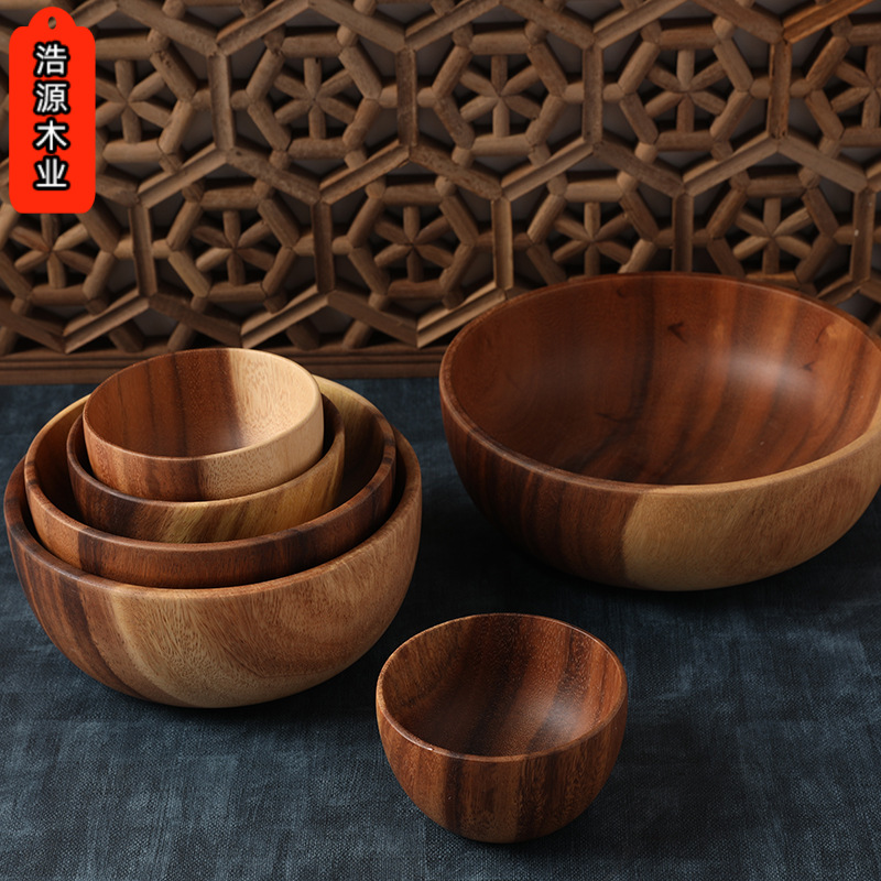 Suministro directo de fábrica Hao Yuan, tazones de madera de acacia, personalizables con logotipo, tazones de madera grandes para hoteles japoneses y coreanos, tazones para ensalada gruesos, Yuan Hao.