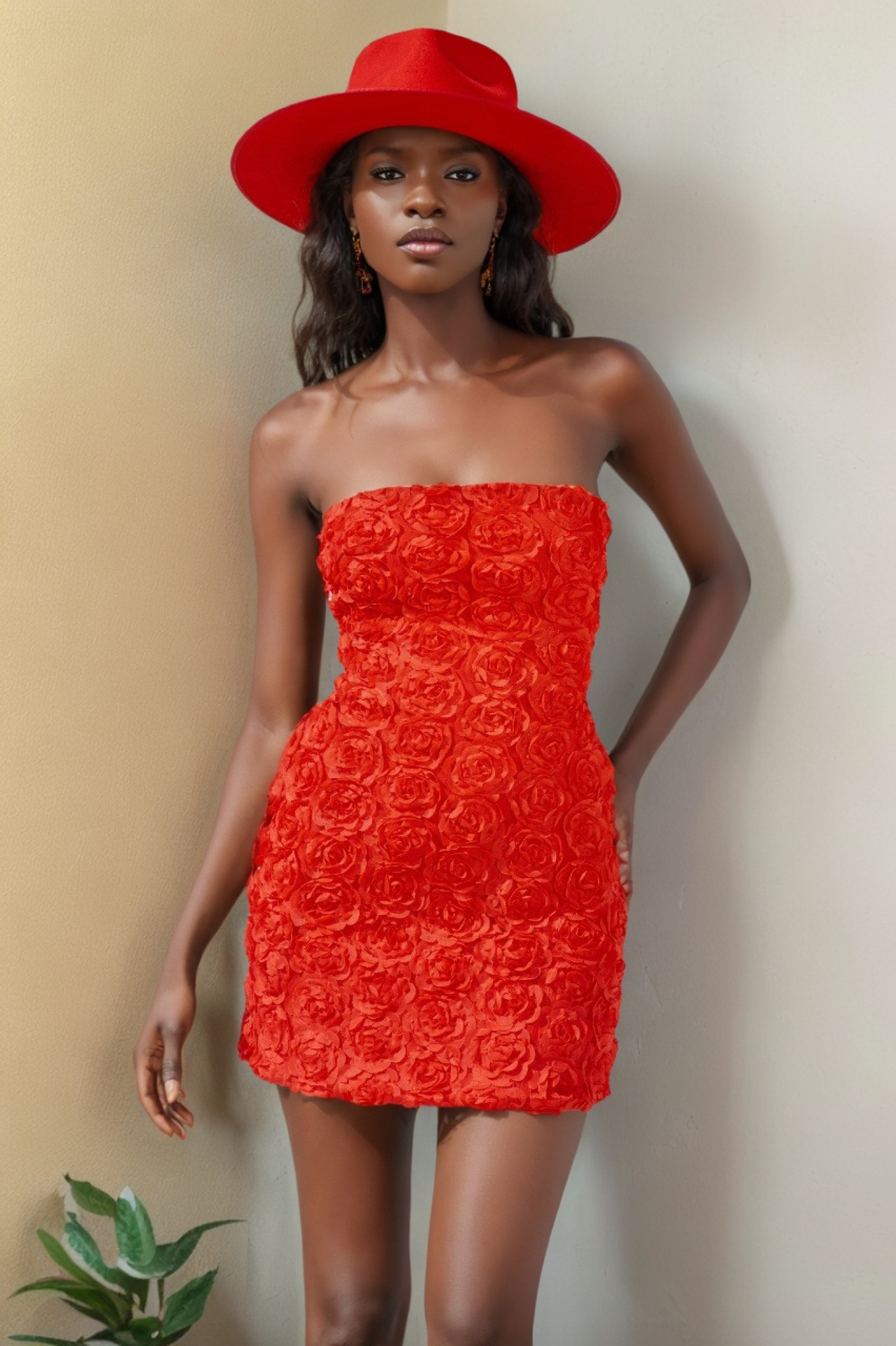 Robe moulante rouge à épaules dénudées GraceChic, style européen et américain, sexy et glamour, avec haut tube floral 3D polyvalent._voghion.com