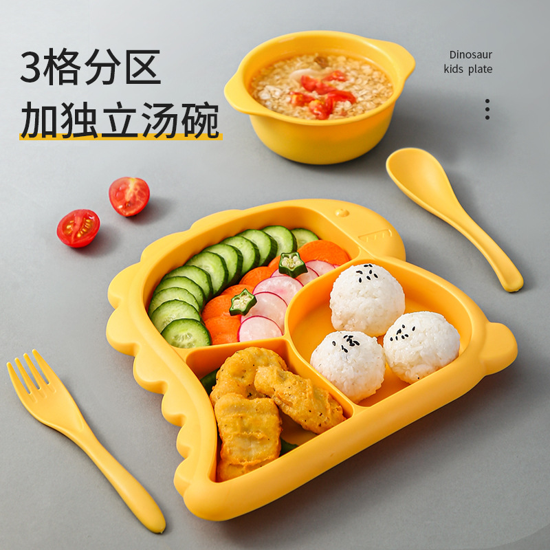 Dinosaurio infantil cubiertos set de grado alimenticio pp bebés suplemento tazón horno de microondas puede dividir platos de comedor cucharas de tazón