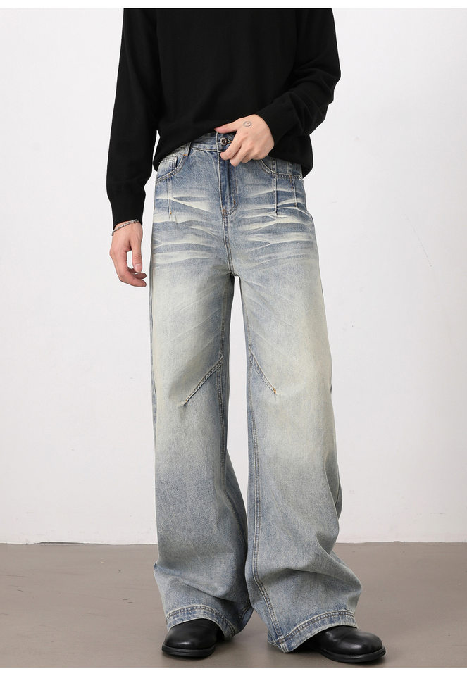 Quần jeans nam dáng rộng ống đứng phong cách high street, lưng vừa, dài ống, dễ phối đồ — Xanh nhạt chi tiết 10
