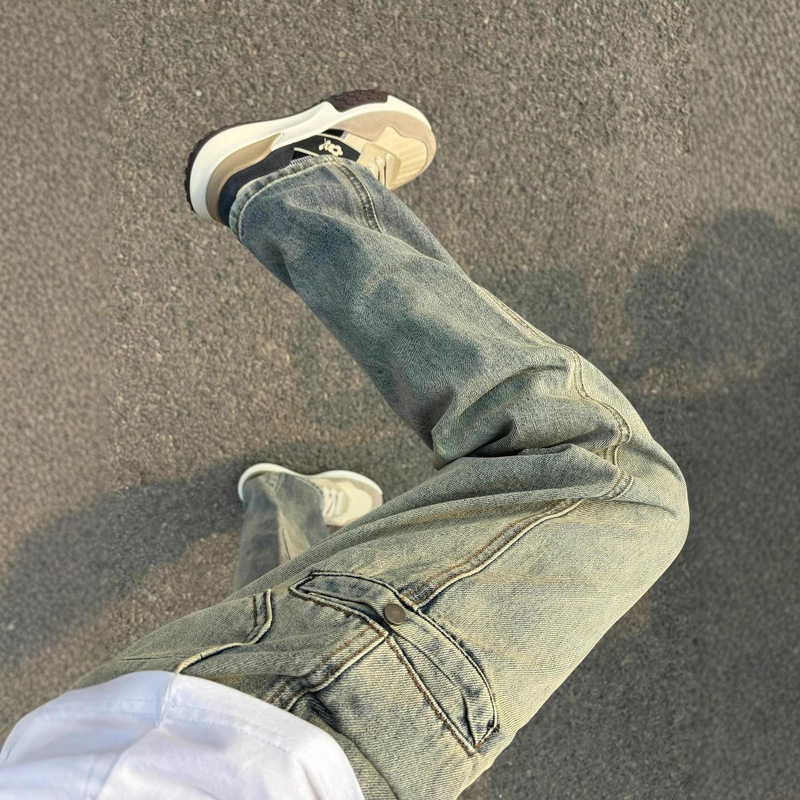 Yellow Mud Jeans Men's American Style High Street Vibe Pants Spring and Autumn Trendy Brand Tooling Retro Micro-La Slim Straight Pants Yellow Mud Jeans Men's American Style High Street Vibe Pants Spring and Autumn Trendy Brand Tooling Retro Micro-La Slim Straight Pants