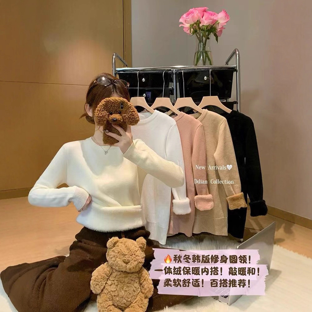 Manifei Autumn and Winter Velvet Inner Thickeneded Round Neck Top Women's Design One-Piece Velvet Knitwear Knitwear Top