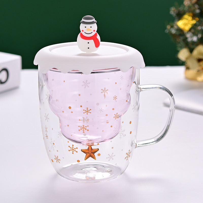 Taza de Navidad personalizada de doble capa con taza de café de tapa taza de vidrio de alta borosilicona taza de alta temperatura alta tasa de valor facial