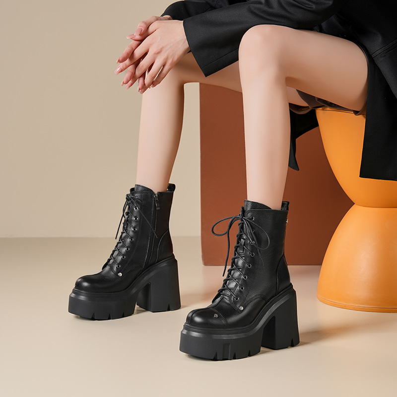 Boot nữ da mềm mũi tròn gót thô đế dày dây buộc — Lót nhung đen
