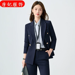 双排扣职业装高级感通勤长袖小西装领外套女衬衫裤子裙子四件套装