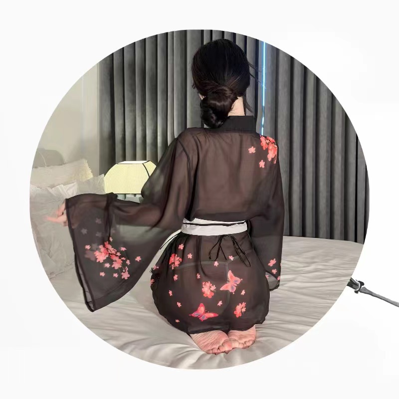 Japanese-Style Cherry Blossom Kimono Lingerie Set with Deep-V Top and Matching Open-Toe Stockings — detail image 3