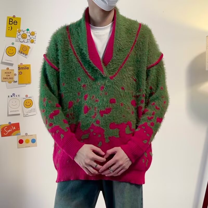 Retro New Year holiday vibe V-neck knit sweater for men, trendy autumn and winter faux mink fur loose-fitting casual sweater Retro New Year holiday vibe V-neck knit sweater for men, trendy autumn and winter faux mink fur loose-fitting casual sweater