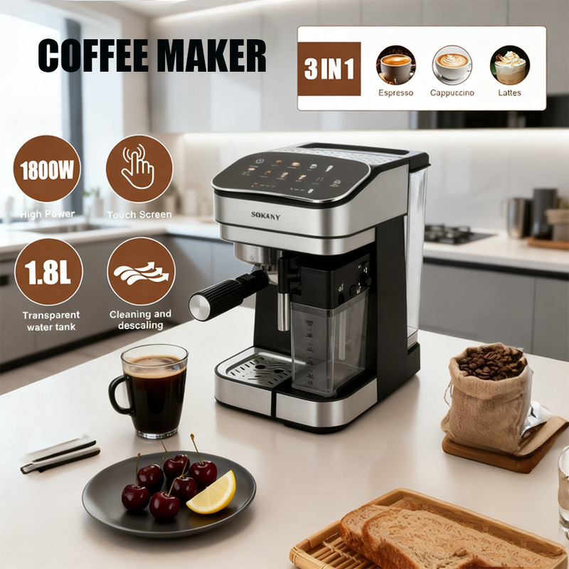 Cross-Border Coffee Machine 3-in-1 Touch Screen Italian Semi-Automatic Steam Coffee Machine High Temperature Extraction Espresso Machine 1.8L