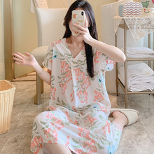 睡衣女夏季棉绸睡裙短袖绵绸薄款家居服甜美套头学生人造棉连衣裙