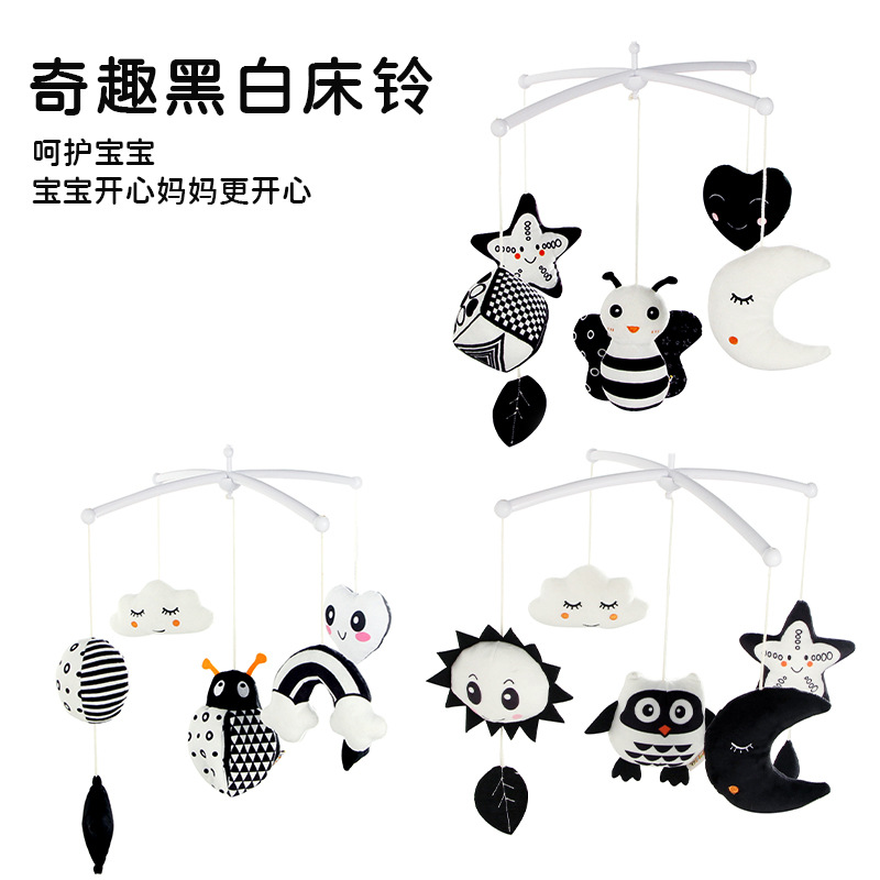Campana de cama infantil en blanco y negro, educación temprana, abeja, búho, música, juguete colgante desmontable eléctrico giratorio, en stock
