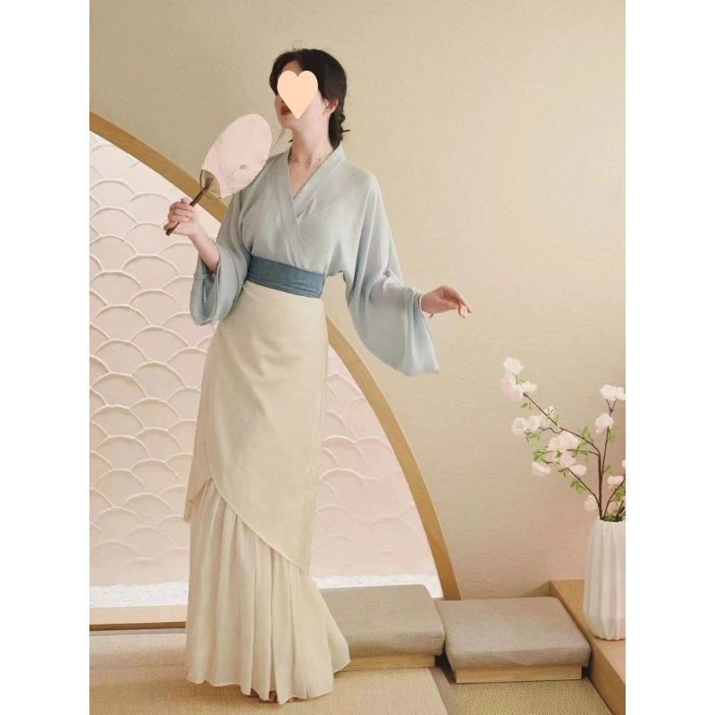 Новый сказочный китайский стиль, улучшенная юбка с перекрестным воротником в стиле Хань, новый повседневный костюм Ханфу в китайском стиле, весна и лето