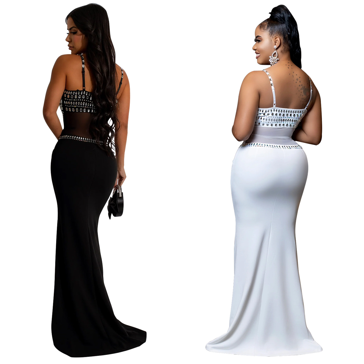 C6989 Aliexpress transfronterizo Amazon estación independiente de moda europea y americana ropa de mujer de malla de diamante caliente vestido vestido largo nuevo image 6
