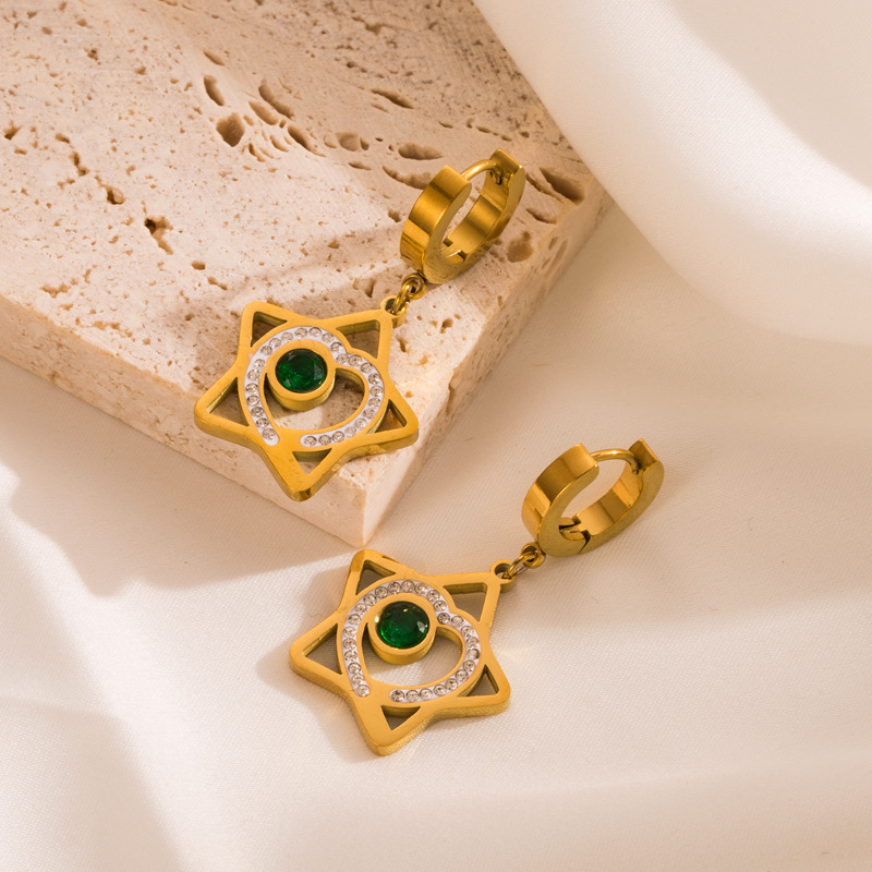 Fashion Pentagram Heart Shape Titanium Steel Plating Rhinestones Drop Earrings 1 Pair