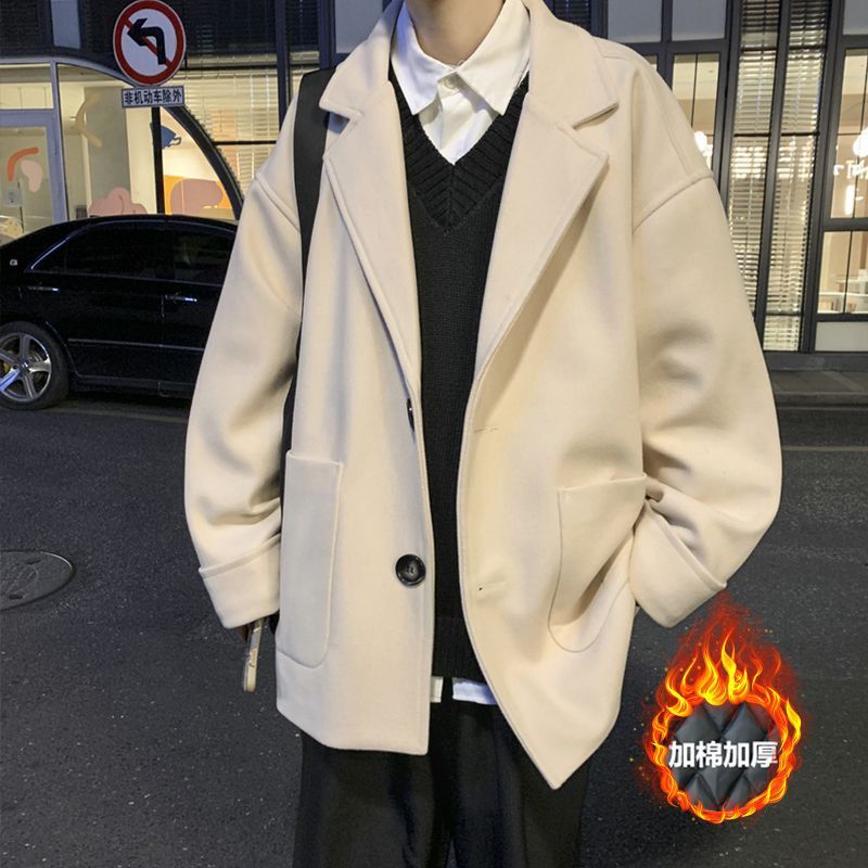 韩版2025秋冬加棉加厚呢子外套男士百搭短款风衣宽松现货有吊牌