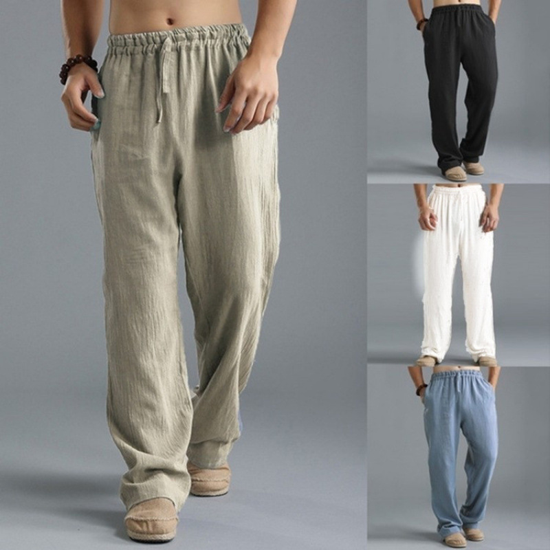 2023 Cross-border European and American Men's Plus Size Loose Casual Pants with Elastic Waist and Drawstring, Linen Breathable Sports Cotton Linen Long Pants