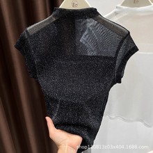 设计感小众蕾丝拼接短袖女夏季网纱半高领显瘦内搭绝美短款小上衣