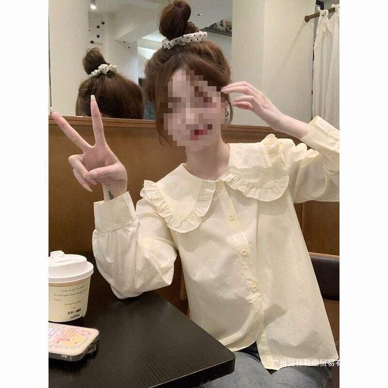 Lace Spring and Autumn Floral Long-Sleeve Base Soft Girl New Top Japanese Student Doll Collar Shirt Women Off-Shoulder Sleeveless