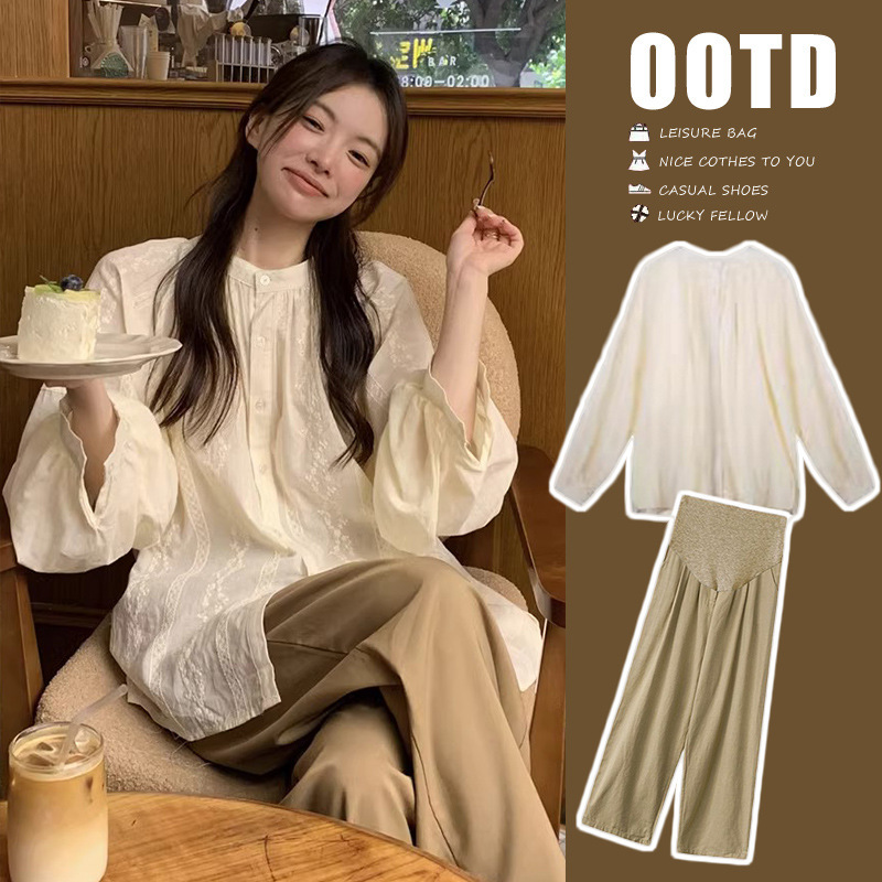 in stock pregnant women autumn new French retro gentle design feeling heavy embroidered shirt wide leg belly pants
